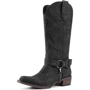 Women's Embroidered Black Removable Belt Low Block Heel Round Western Boots